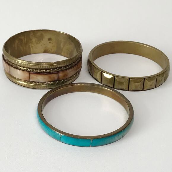 Vintage Brass Hand Crafted Mother of Pearl Inlay Bangles Bracelet Set Lot of 3 - Picture 4 of 16